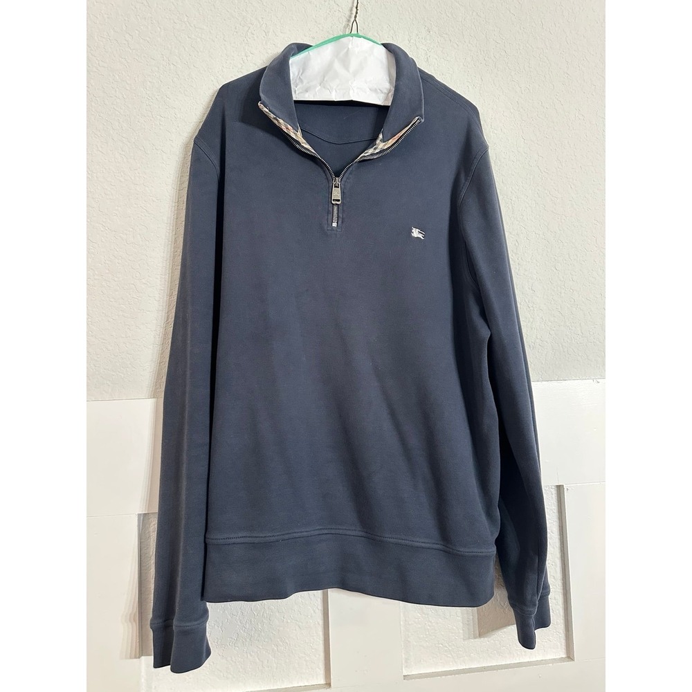 Burberry Men's Quarter Zip Pullover In Navy Blue XL Iconic Check Collar